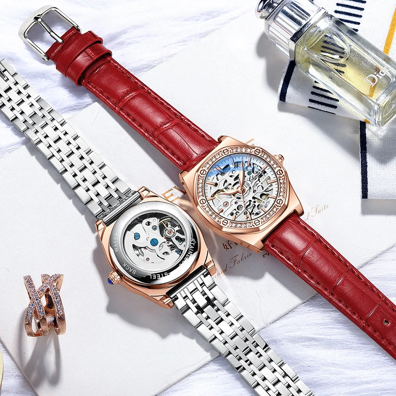 Модные женские высококачественные выдолбленные полностью автоматические механические водонепроницаемые часы, мужские изысканные светящиеся часы